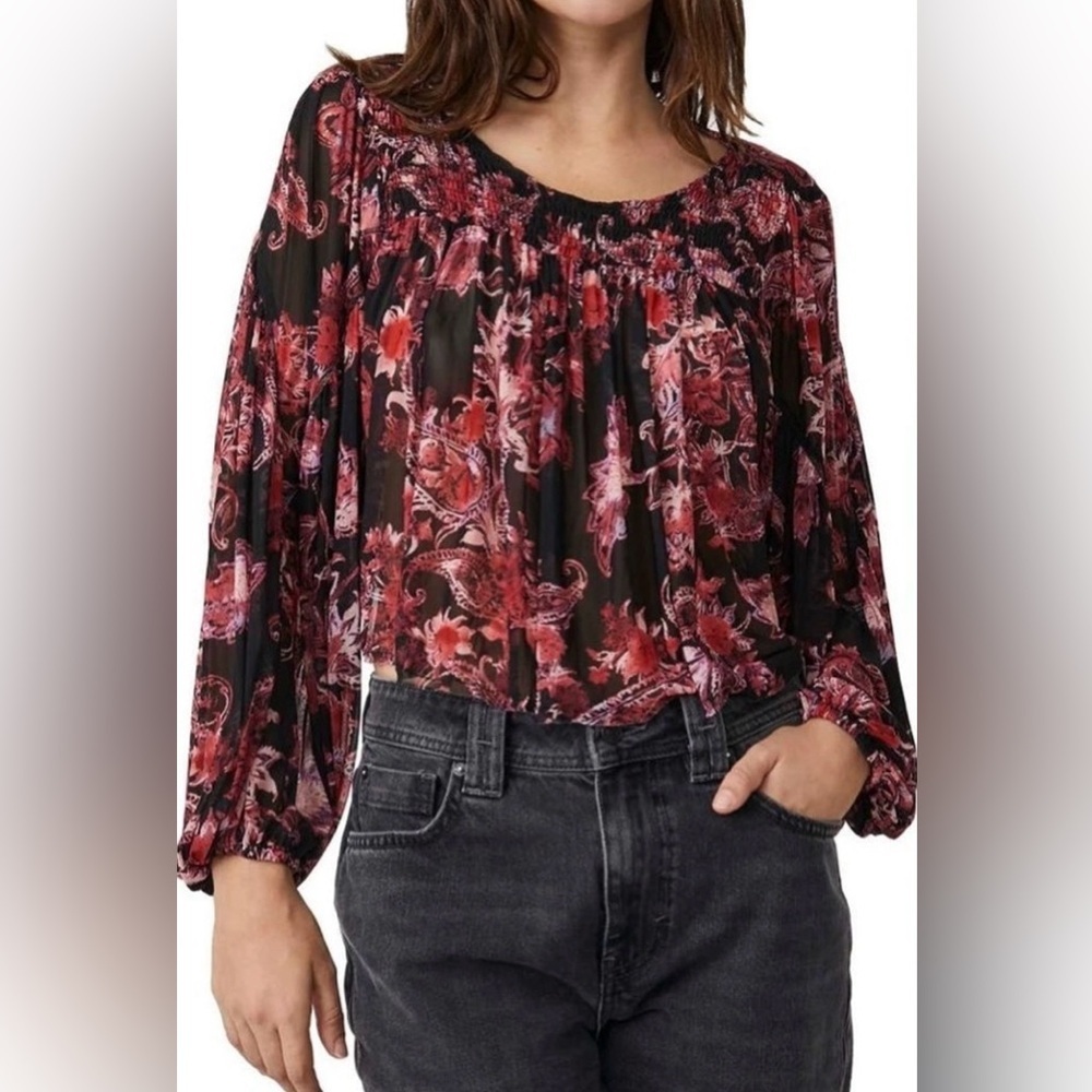 Free People Up for Anything Black and Red Floral Blouse - Size S NWT